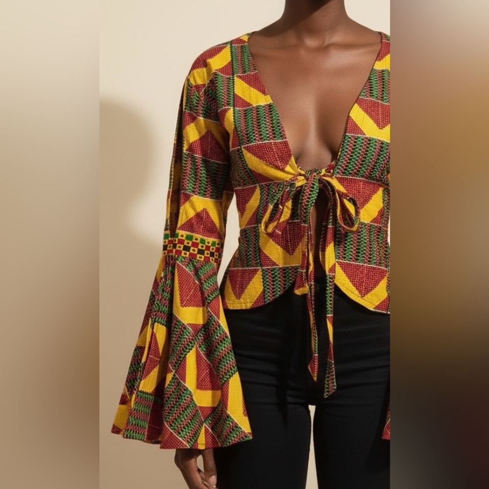 Upcycled handmade Vibrant Multicolor one sleeve peplum tie front Top size M - Picture 2 of 7